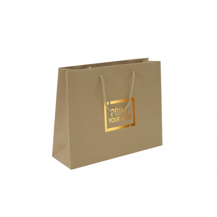 Shopper lusso in carta kraft avana 210 gr., con maniglie in cotone rinforzate, dimensioni 38+12x30 cm