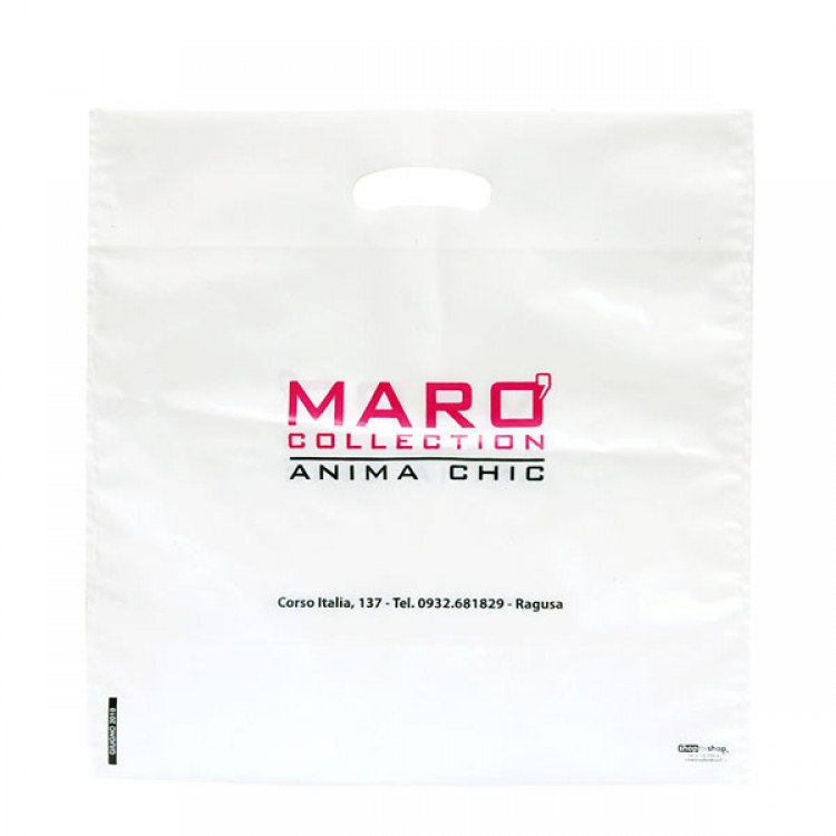 Plastic shopping bags for stores with bean-shaped handles, customizable and durable