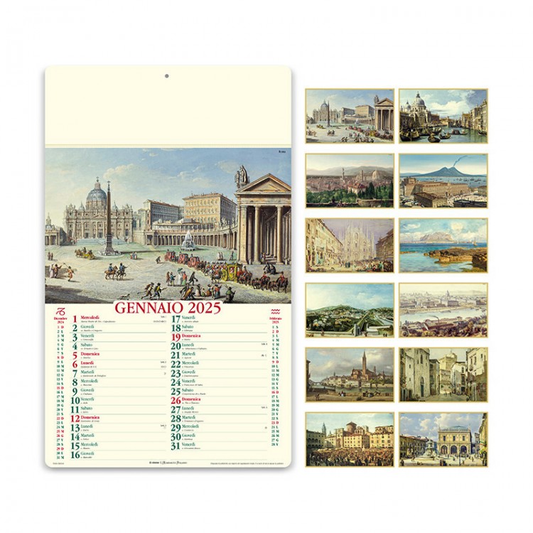 Calendari "Italia Antica" con 12 fogli in carta naturale, immagini storiche dell’Italia, dimensioni 31x52,5 cm