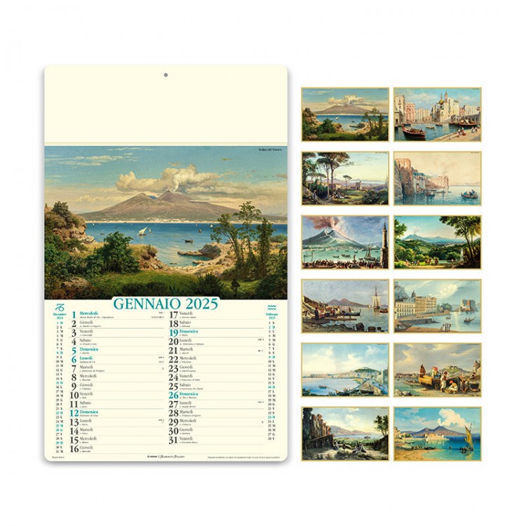 Calendario personalizzato "Napoli Antica" con 12 fogli in carta naturale, testata termosaldata, dimensioni 31x52,5 cm